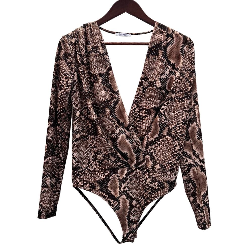 Zara Women’s Bodysuit Snakeskin Deep V Neck Long Sleeve Medium
